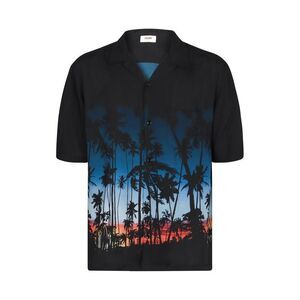 CELINE Men's Short Sleeve Palm Tree Print Camp Shirt Men BLACK Shirts